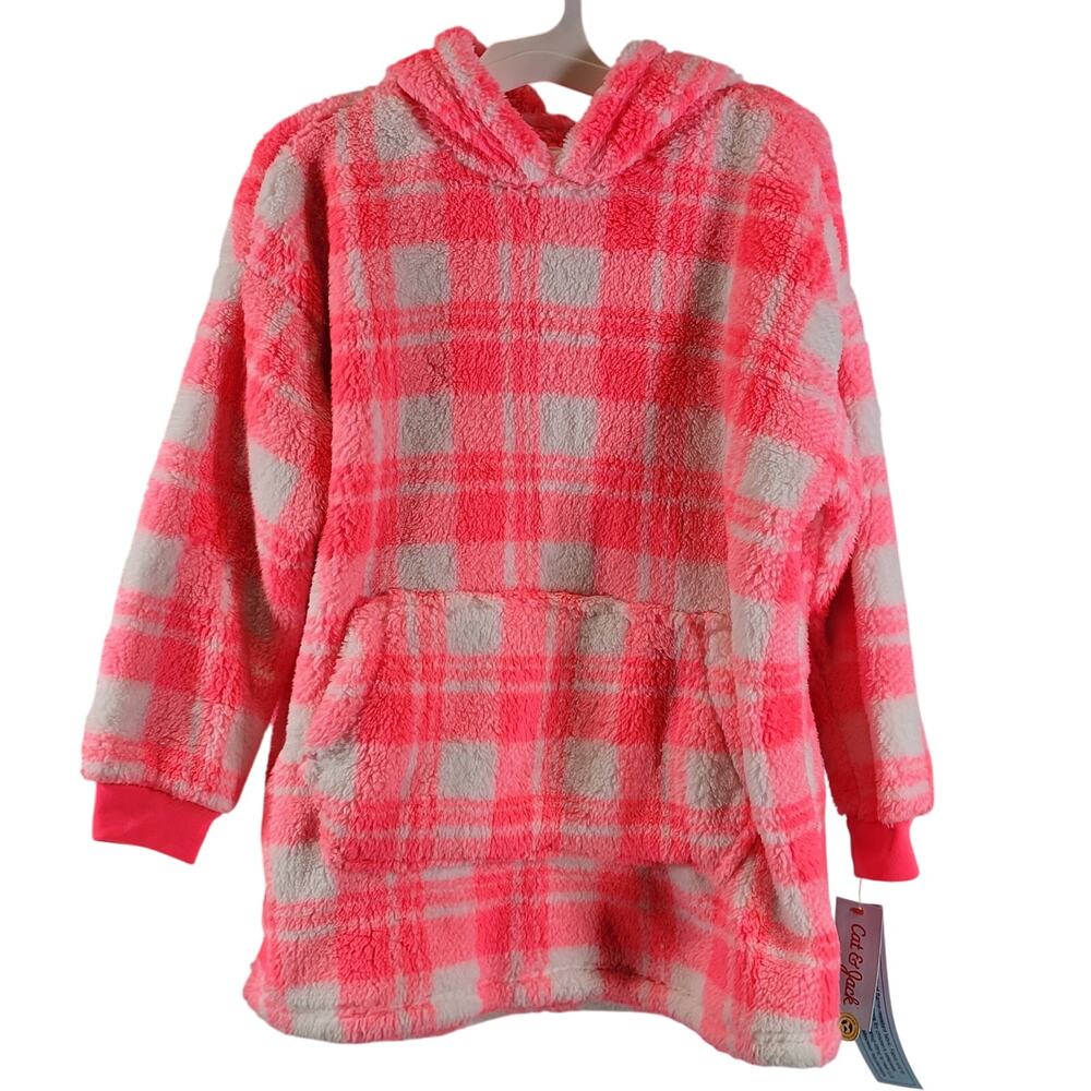 Cat & Jack Kids Fleece Pullover Hoodie, Pink Plaid, Size XS/S, NWT